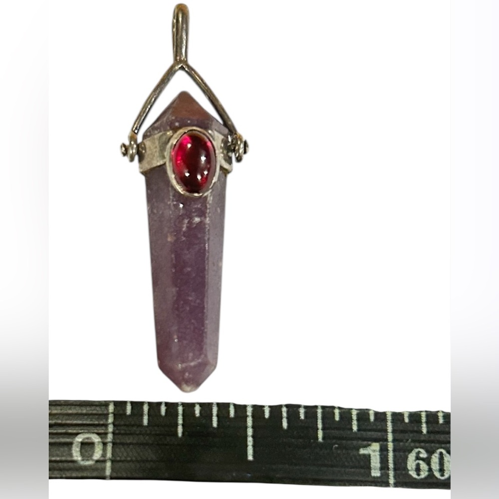 Vintage 90s 925 Sterling Silver Amethyst & Ruby Gem Stone Artisan Pendant - Picture 5 of 9